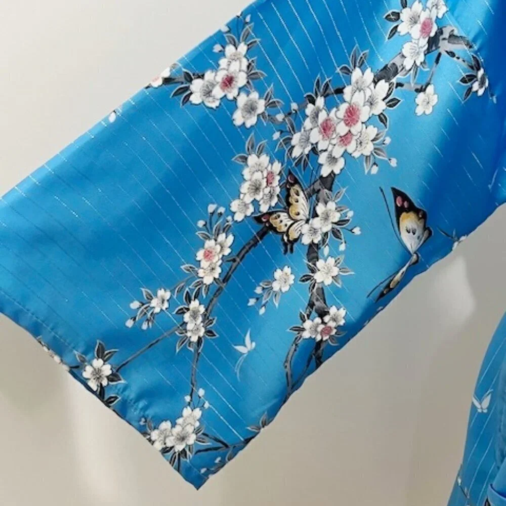 Marukyo Kyoto Tokyo Short Kimono Robe Blue Floral Butterfly Japanese Women's